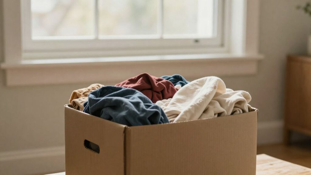 Kiste mit aussortierter Kleidung beim Ausmisten für Anfänger